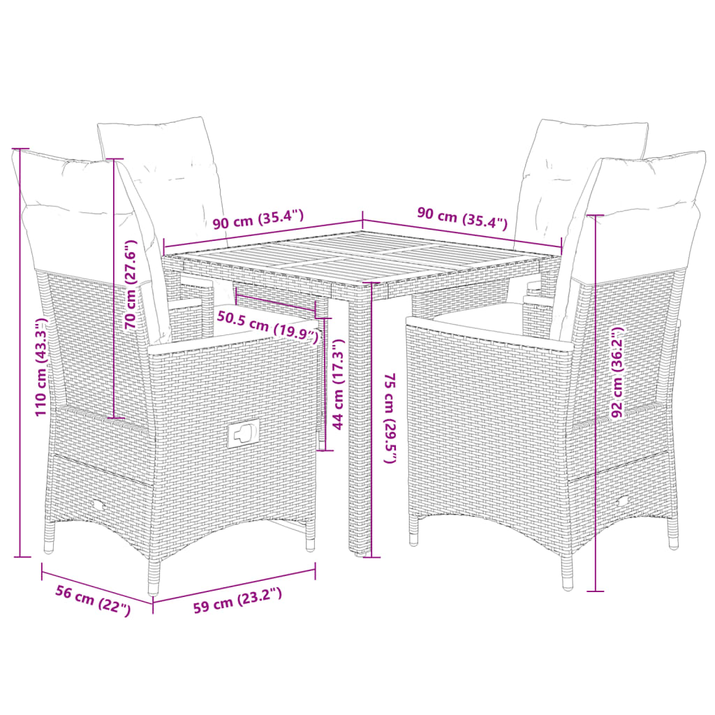 Set da Pranzo da Giardino 5 pz Nero con Cuscini in Polyrattan