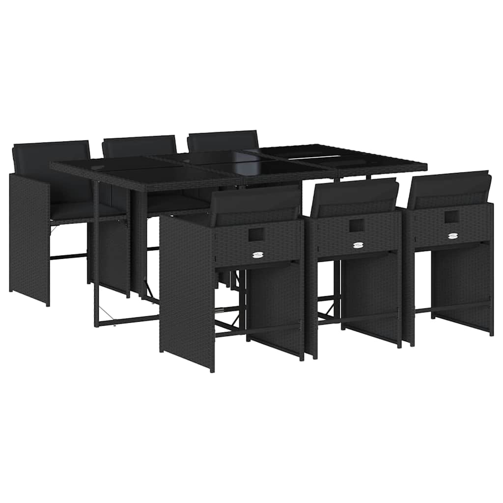 Set Pranzo Giardino 6 Sedie Nero Rattan PE e Vetro