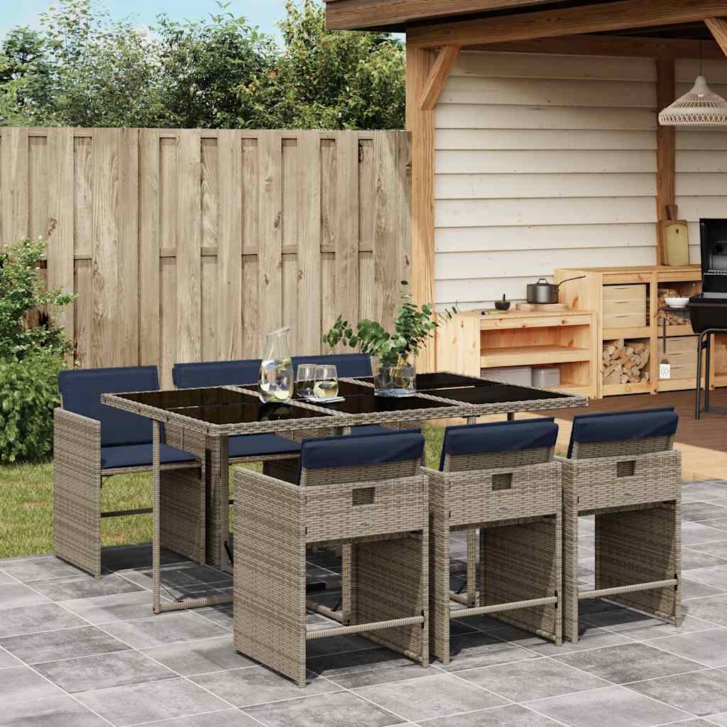 Set da pranzo da giardino 7 pz rattan PE grigio con cuscini