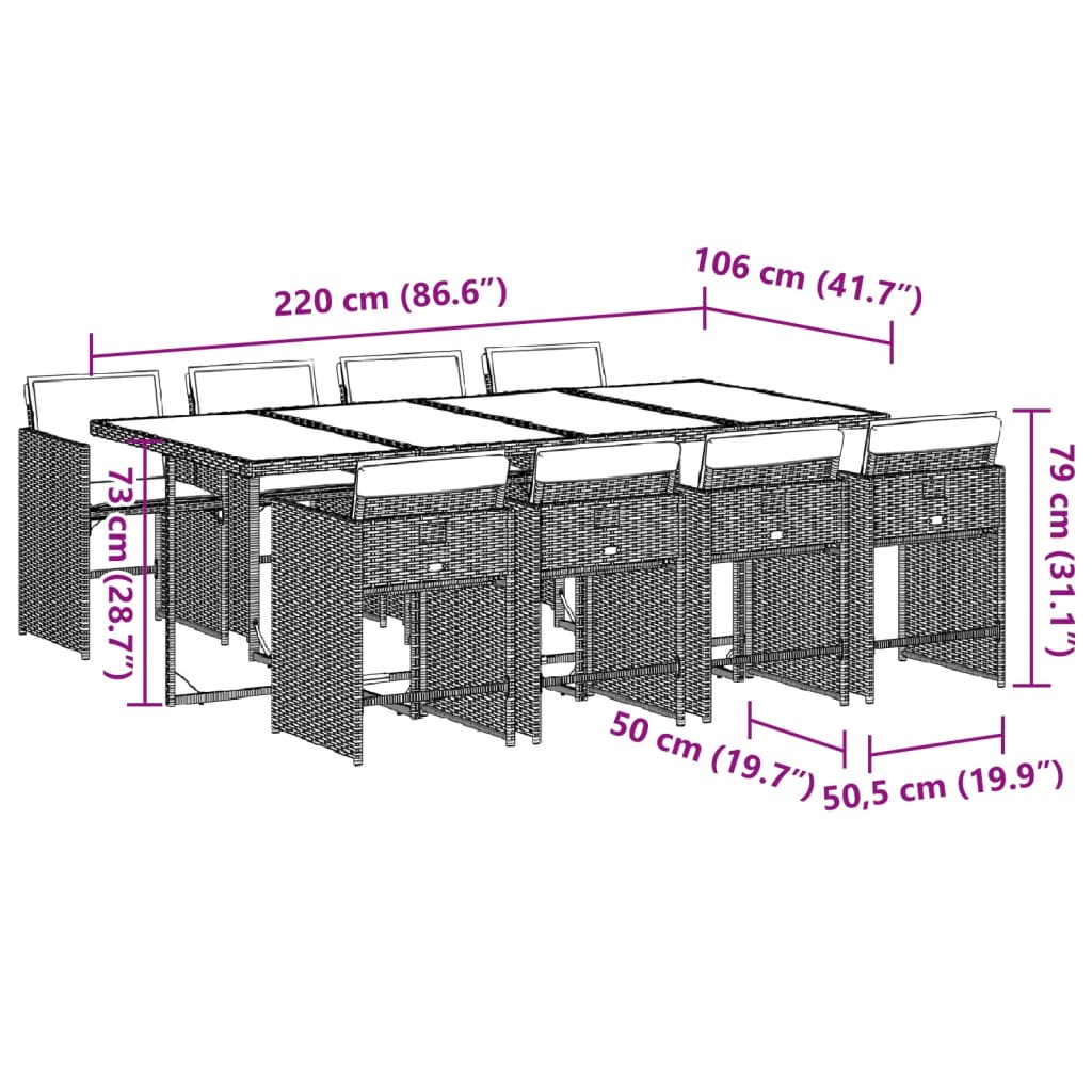 Set Pranzo da Giardino 9 pz Rattan PE Beige Misto con Cuscini