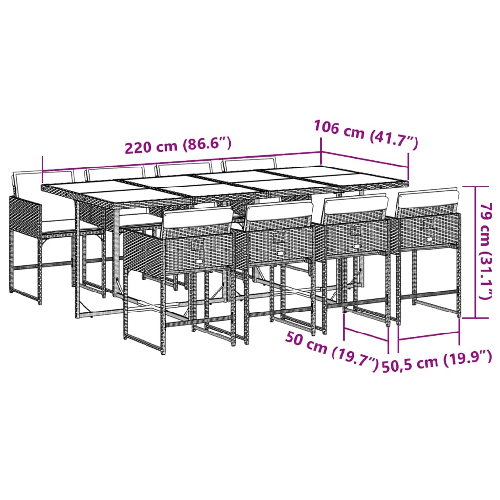 Tavolo con 8 Sedie Rattan PE Grigio Chiaro 220 cm