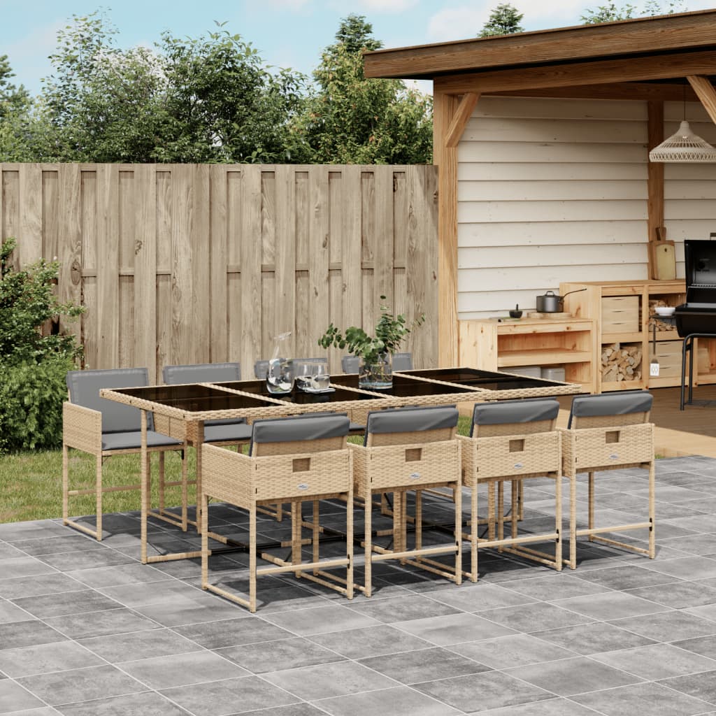 Set pranzo giardino 9 pz rattan PE con piano in vetro nero
