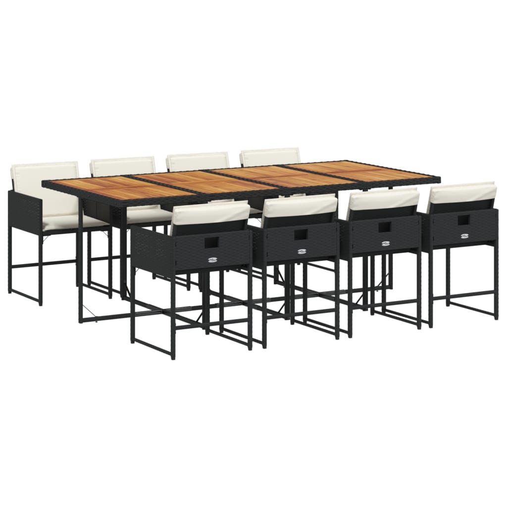 Salotto pranzo giardino 9 pz in polyrattan nero e cuscini