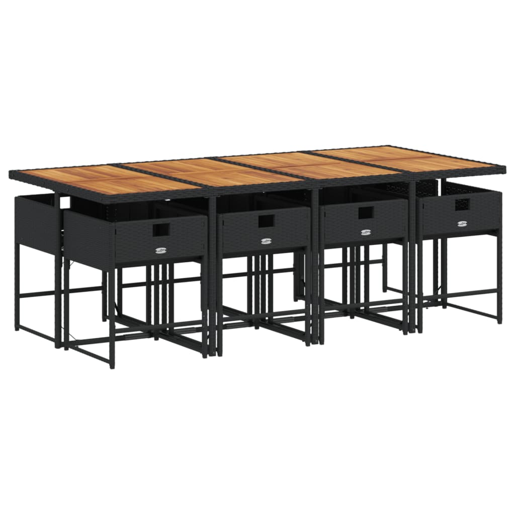Salotto pranzo giardino 9 pz in polyrattan nero e cuscini