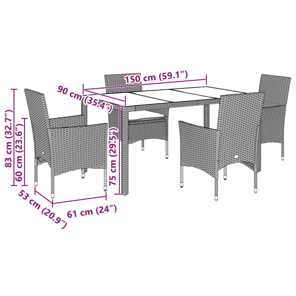 Set da Pranzo da Giardino 5pz con Cuscini Polyrattan e Vetro