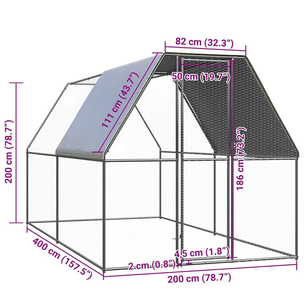 Gabbia per Polli 2x4x2 m in Acciaio Zincato