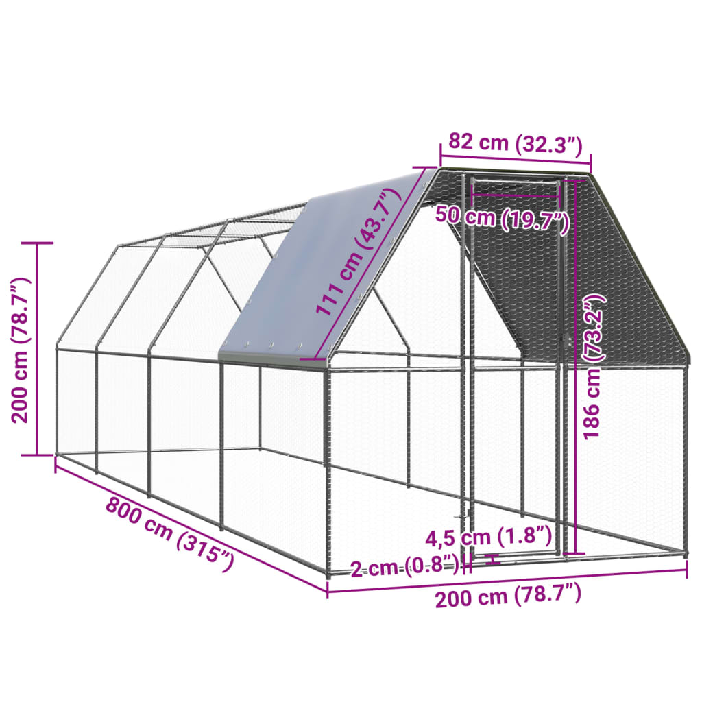 Gabbia per Polli 2x8x2 m in Acciaio Zincato