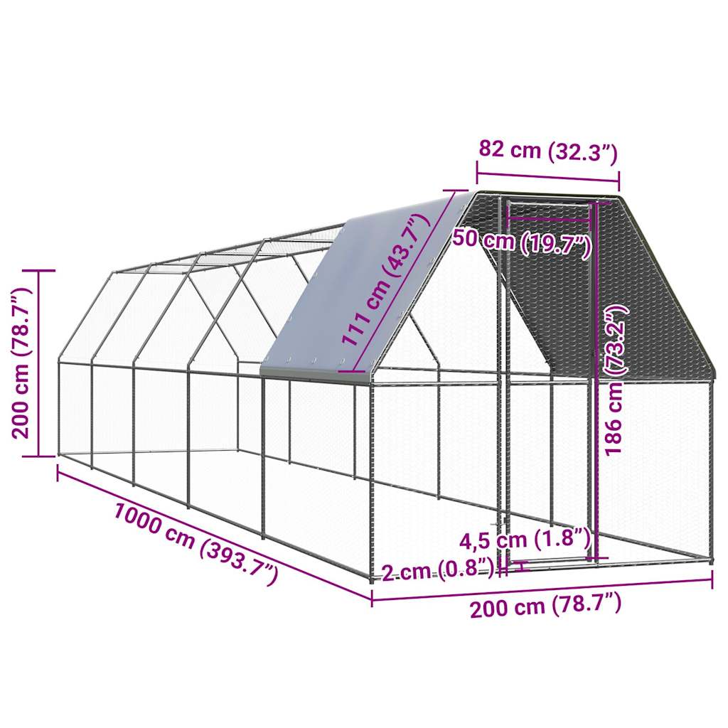 Gabbia per Polli 2x10x2 m in Acciaio Zincato