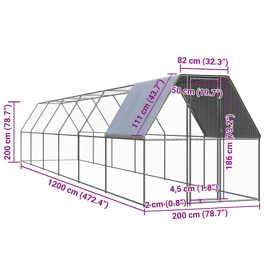 Gabbia per Polli 2x12x2 m in Acciaio Zincato