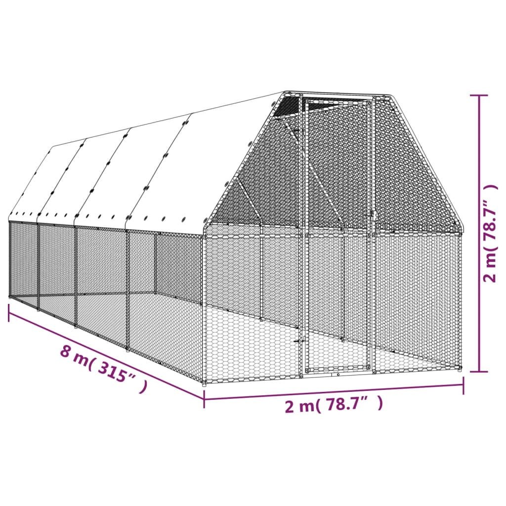 Gabbia per Polli 2x8x2 m in Acciaio Zincato