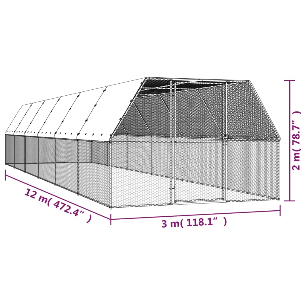 Gabbia per Polli 3x12x2 m in Acciaio Zincato