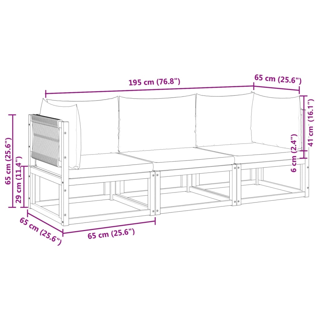 Set di divani da giardino 3 pz con cuscini in legno di acacia