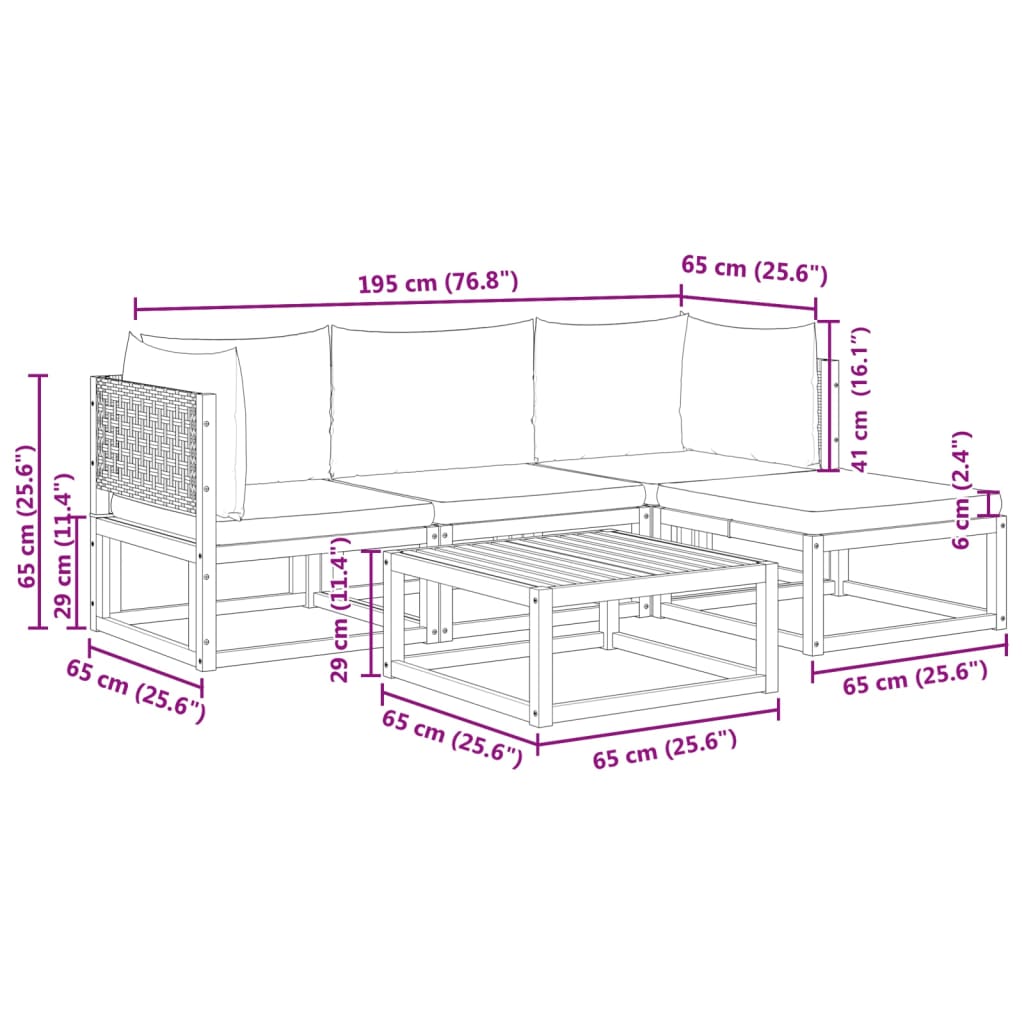 Set di divani da giardino 5 pz con cuscini in legno di acacia