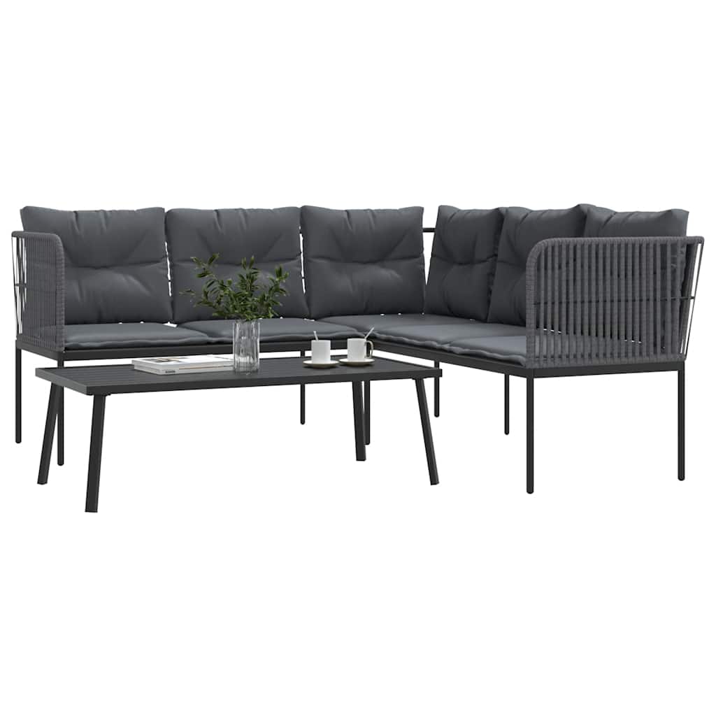 Set Divano da Giardino con Cuscini Nero Acciaio e Textilene