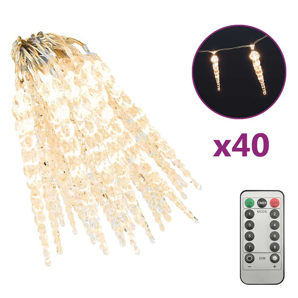 Luci Natale a Ghiacciolo 40pz Bianco Caldo Acrilico Telecomando
