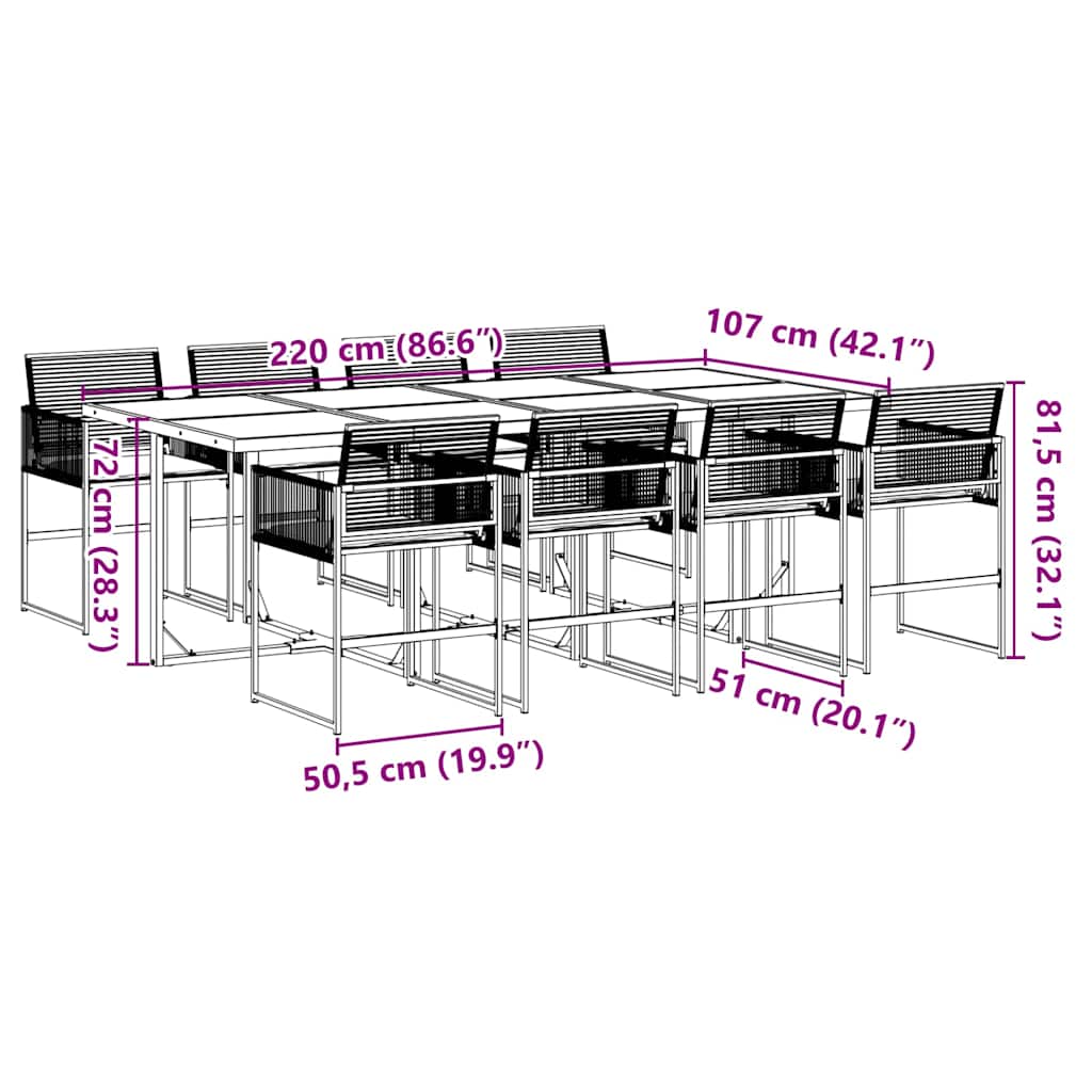 Set da Pranzo da Giardino 9 pz con Cuscini Nero in Polyrattan