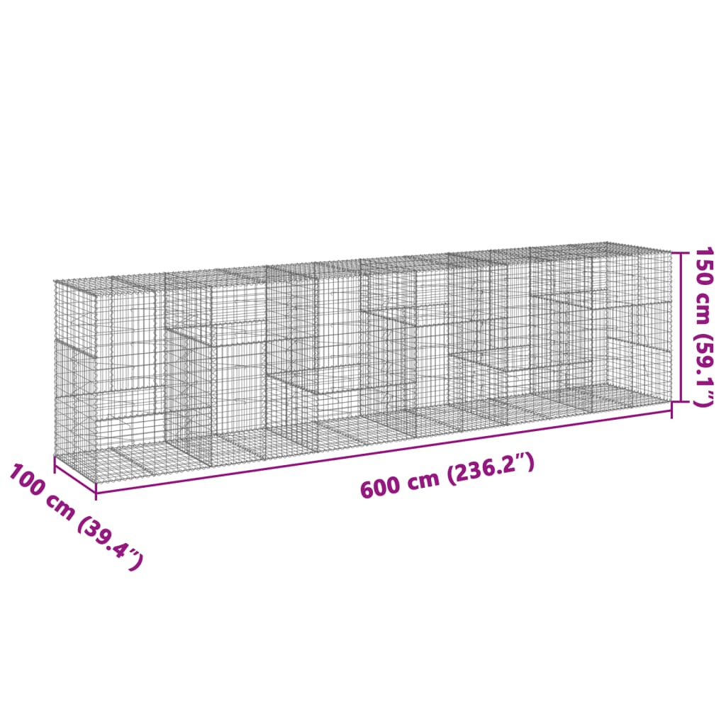 Cesto Gabbione con Copertura 600x100x150 cm in Ferro Zincato