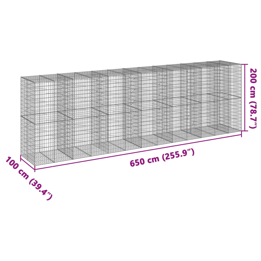 Cesto Gabbione con Copertura 650x100x200 cm in Ferro Zincato