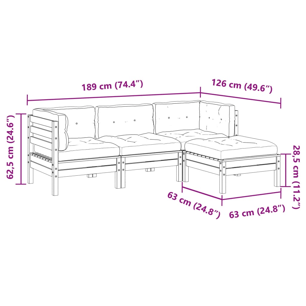 Set Divani Giardino 4pz con Cuscini Marrone Cera Massello Pino