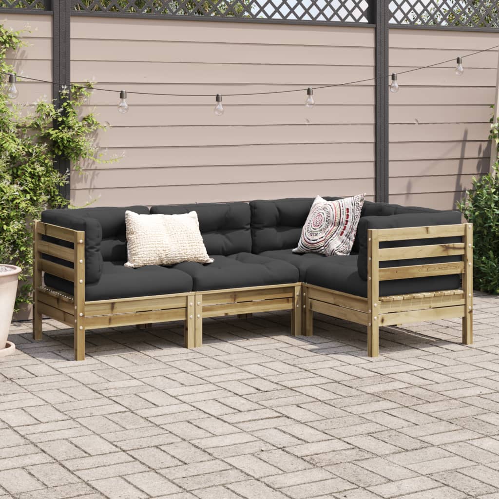 Set Divani da Giardino 4pz con Cuscini Legno Impregnato di Pino