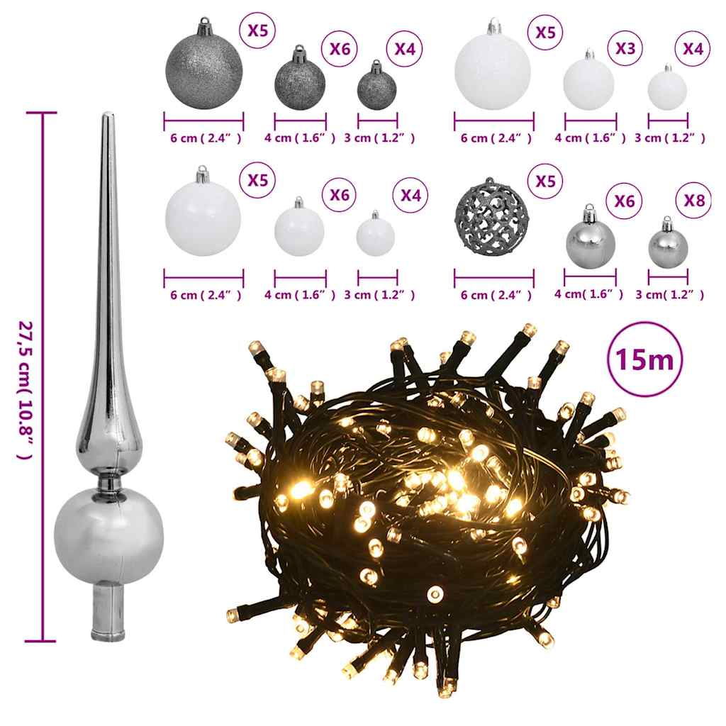 Set Natale con 60 Palline Punta e 150 Luci LED Bianco e Grigio