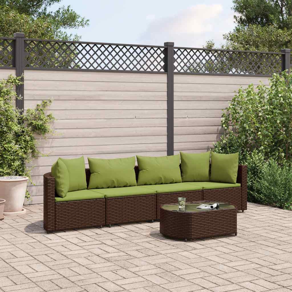 Set Divano da Giardino 5 pz con Cuscini Marrone in Polyrattan