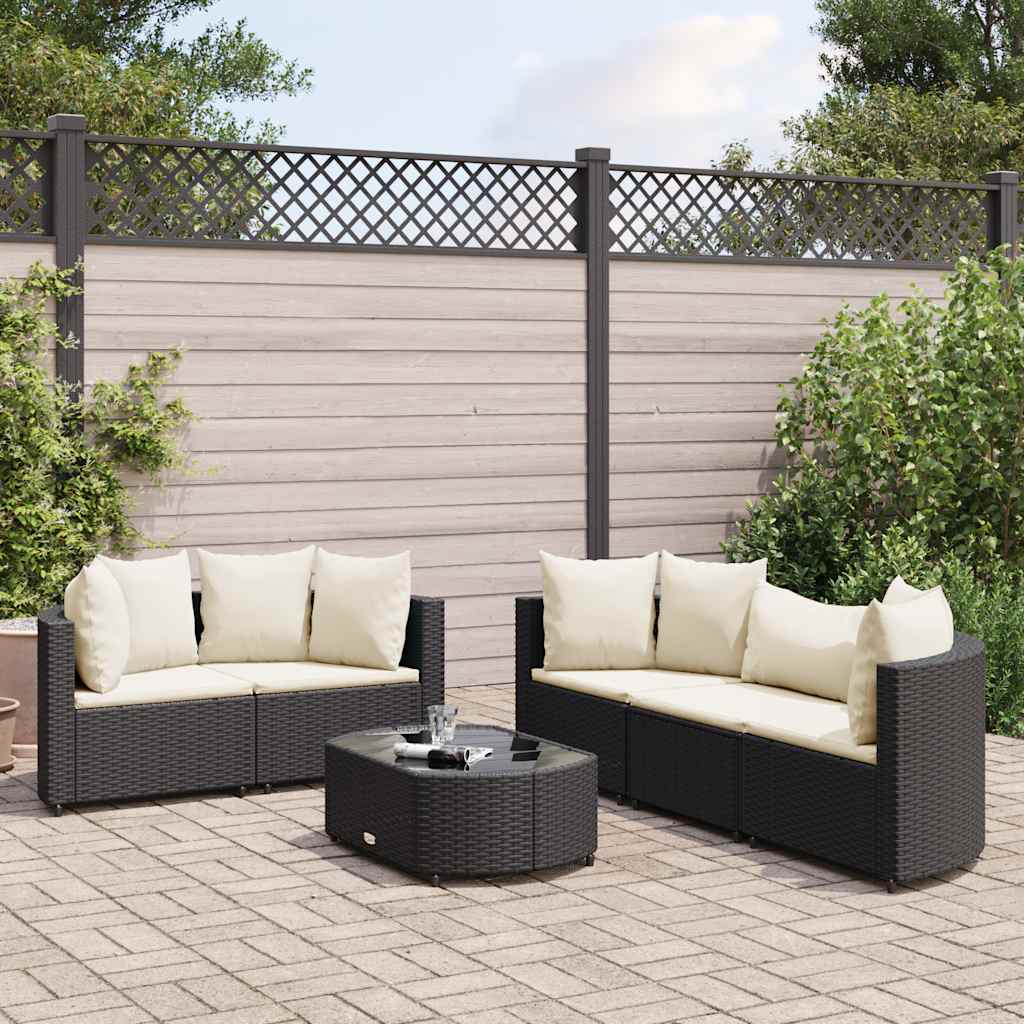 Set Divano da Giardino 6 pz con Cuscini Nero in Polyrattan