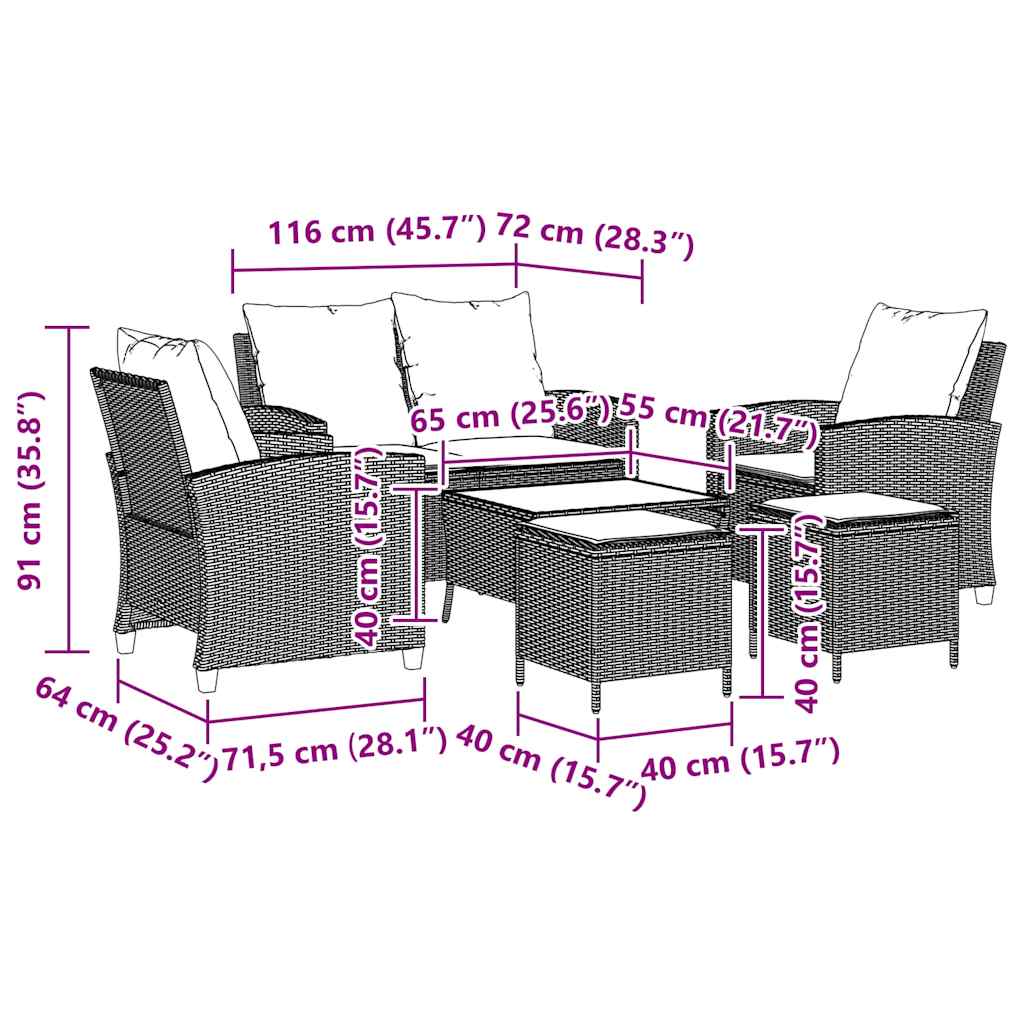Set Divano da Giardino 6 pz con Cuscini Nero in Polyrattan