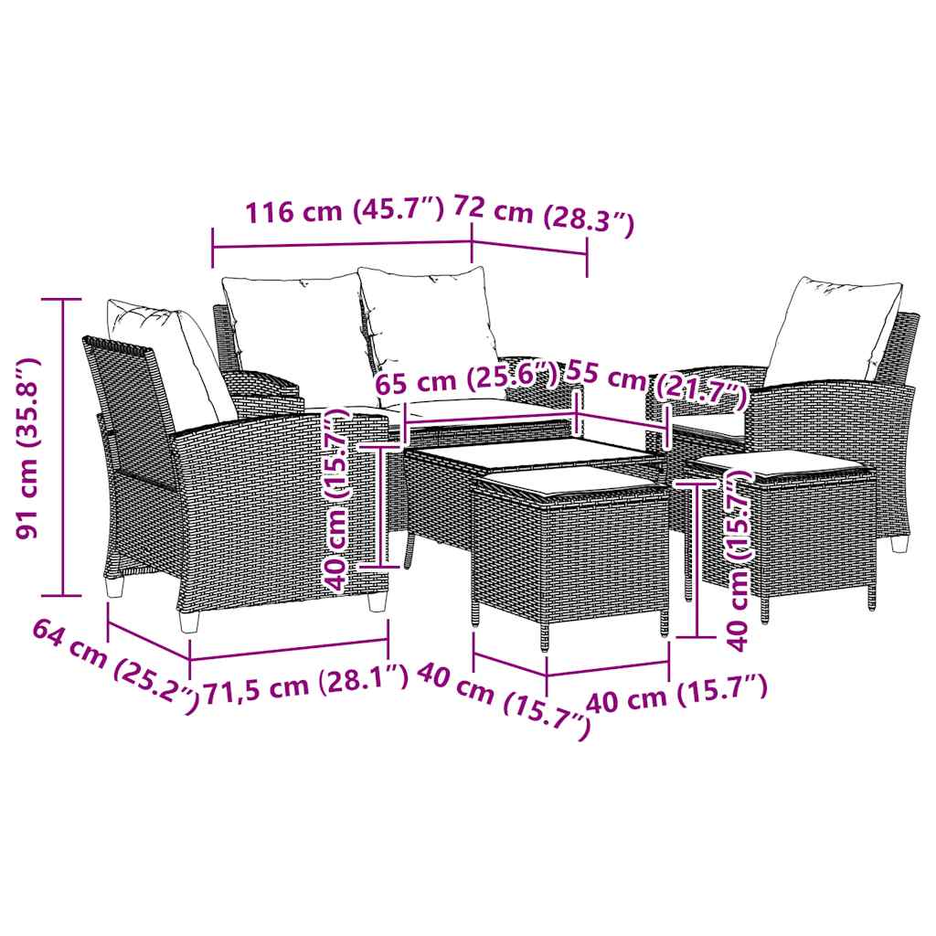 Set Divano da Giardino 6 pz con Cuscini Grigio in Polyrattan