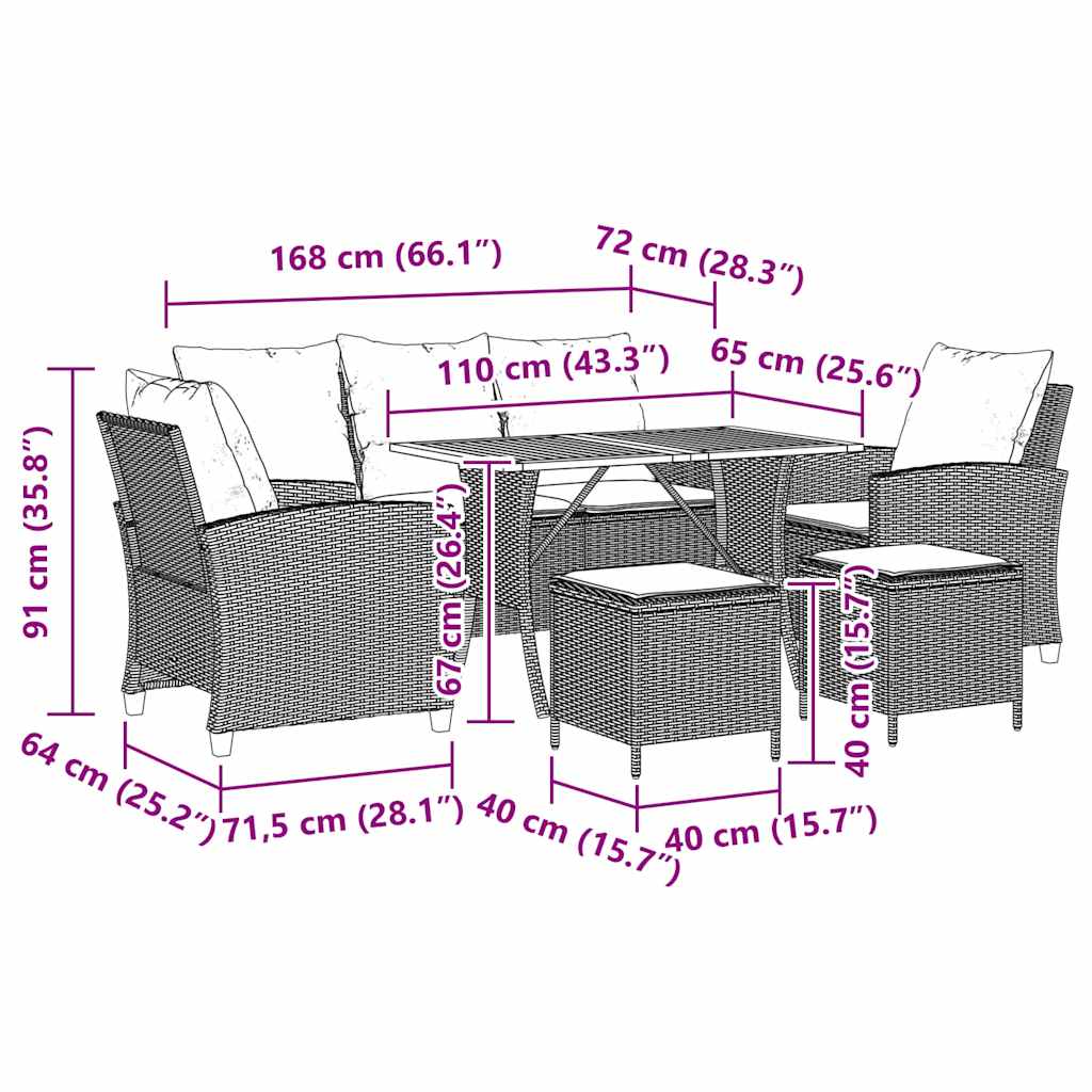 Set Divano da Giardino 6 pz con Cuscini Nero in Polyrattan