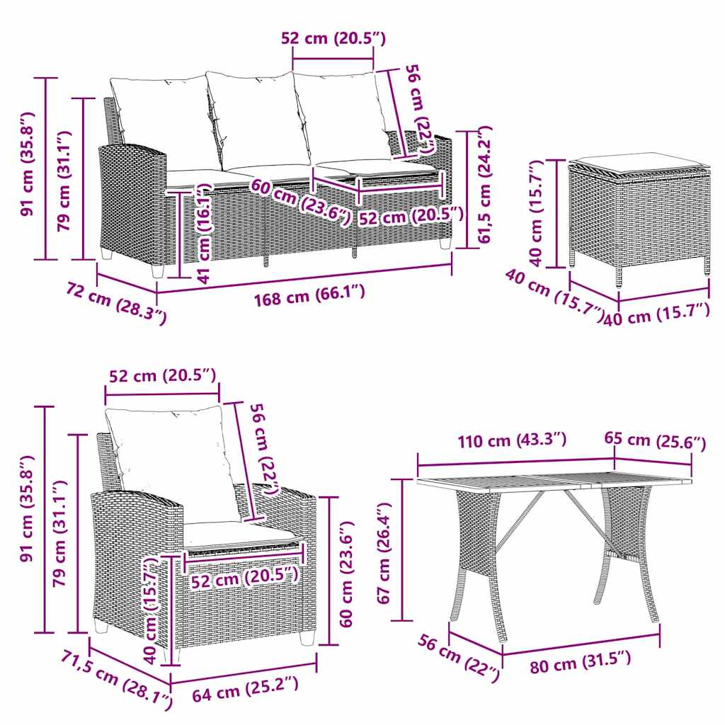 Set Divano da Giardino 6 pz con Cuscini Nero in Polyrattan