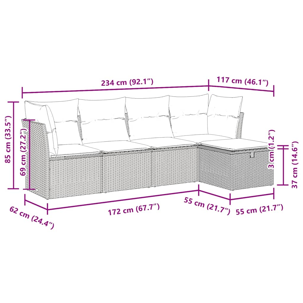 Set Divano da Giardino 5 pz con Cuscini Beige in Polyrattan