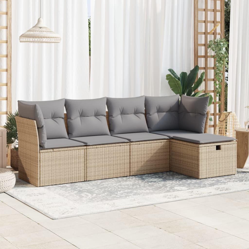 Set Divano da Giardino 5 pz con Cuscini Beige in Polyrattan