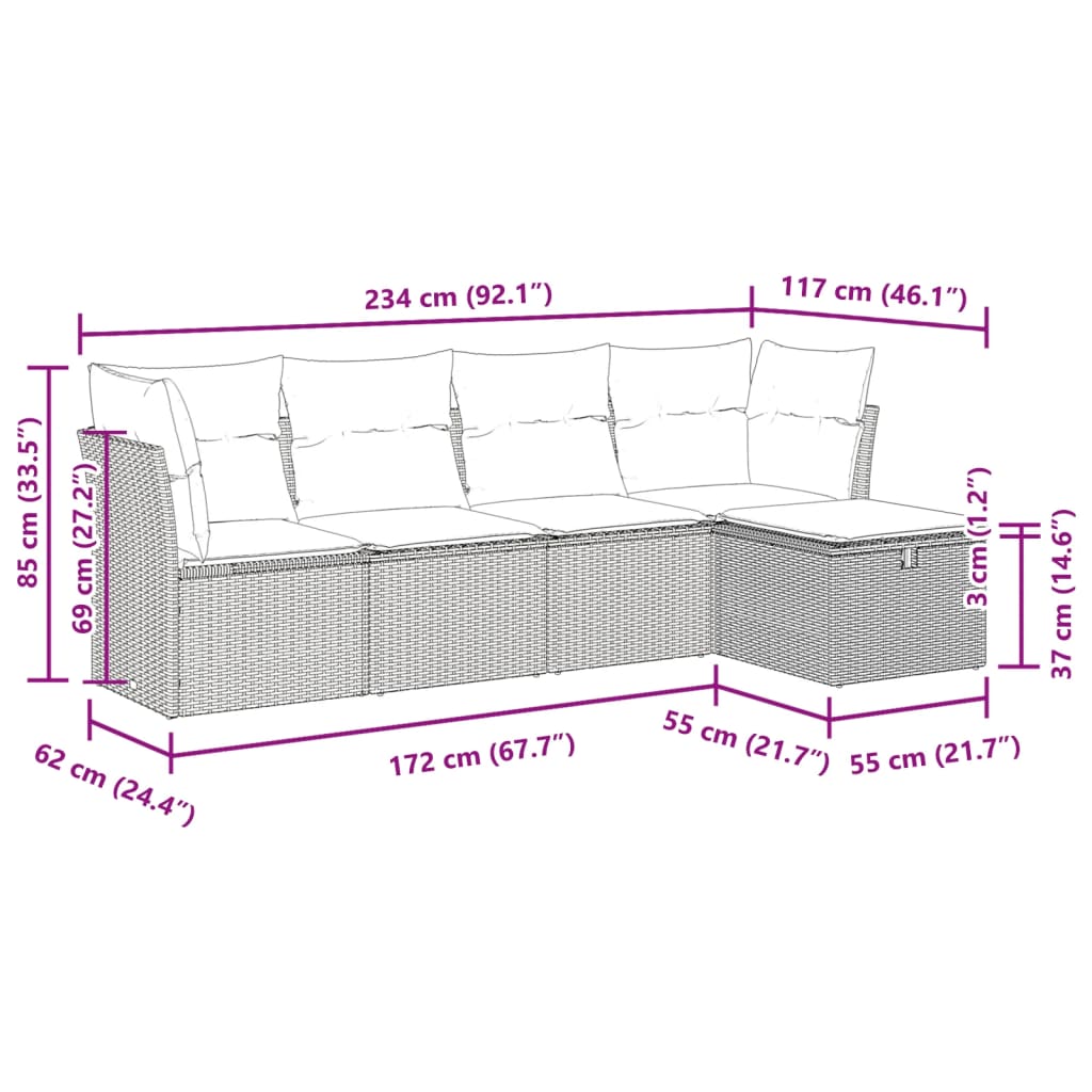 Set Divano da Giardino 5 pz con Cuscini Beige in Polyrattan