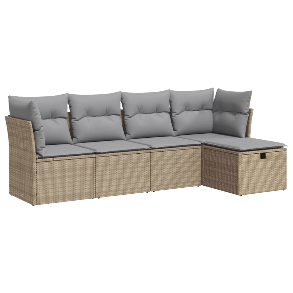 Set Divano da Giardino 5 pz con Cuscini Beige in Polyrattan