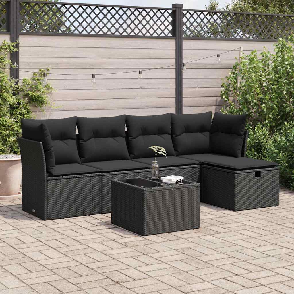 Set Divano da Giardino 6 pz con Cuscini Nero in Polyrattan