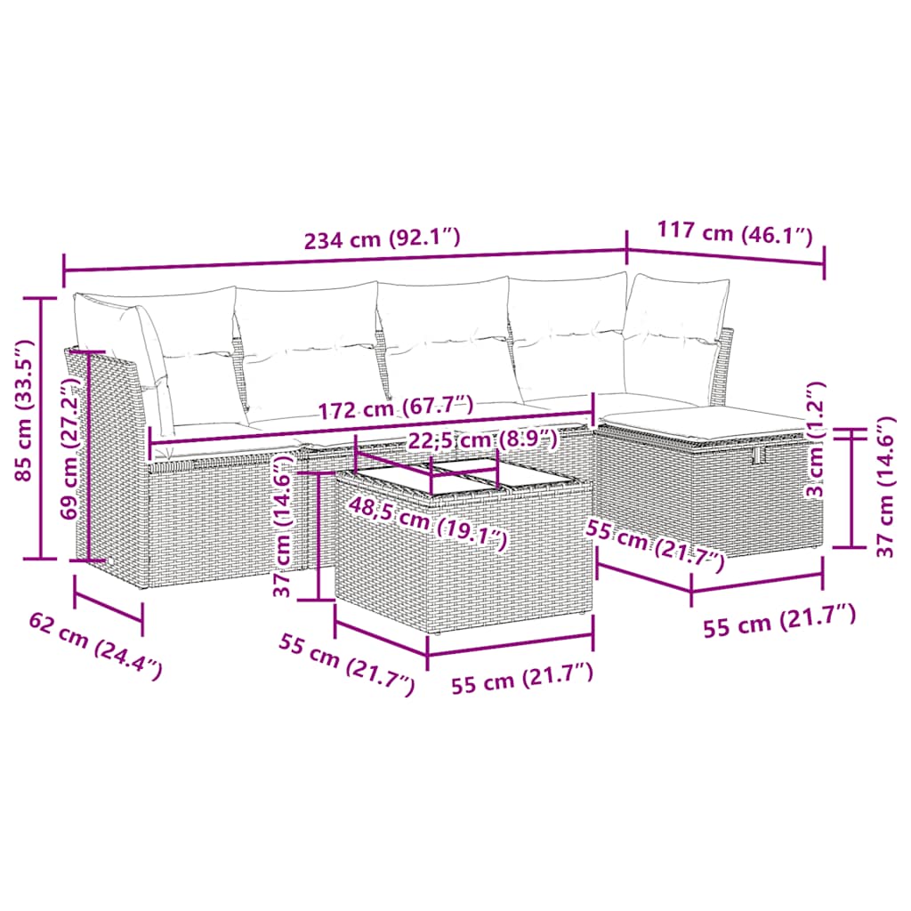 Set Divano da Giardino 6 pz con Cuscini Nero in Polyrattan