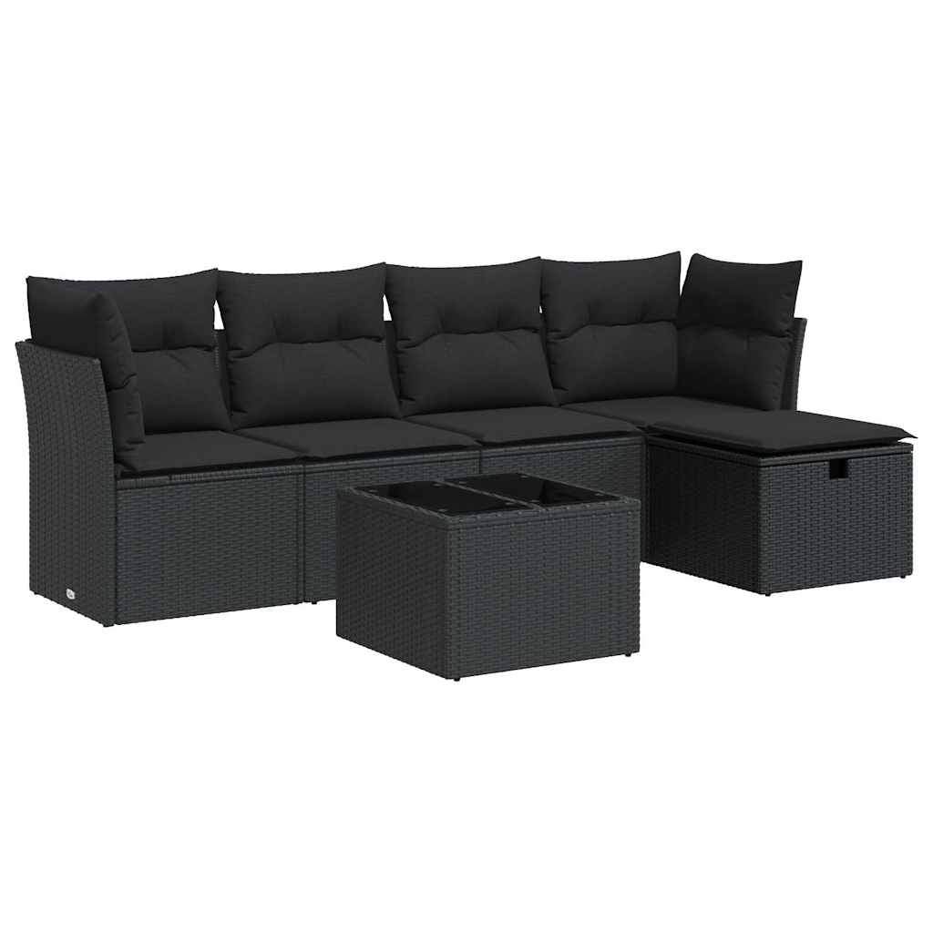 Set Divano da Giardino 6 pz con Cuscini Nero in Polyrattan