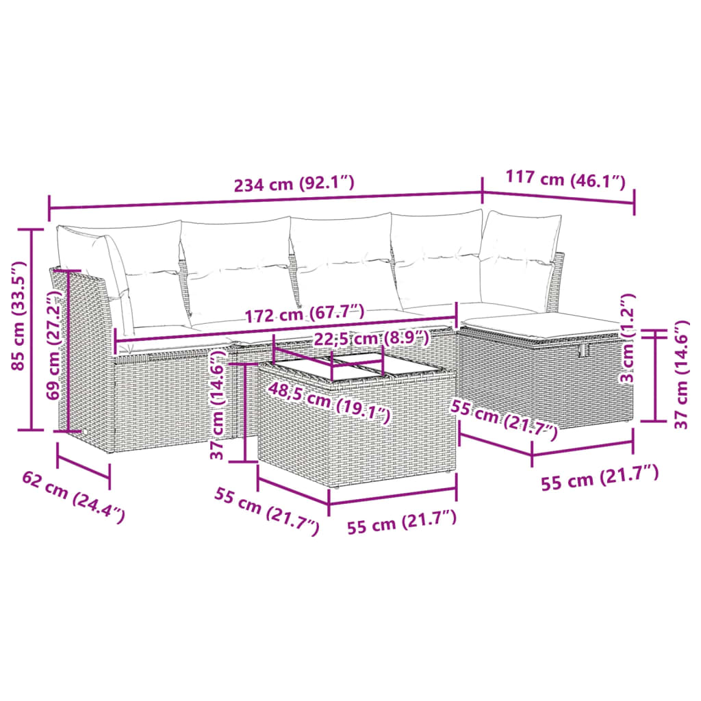 Set Divano da Giardino 6 pz con Cuscini Nero in Polyrattan