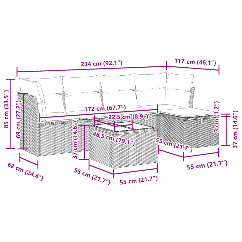 Set Divano da Giardino 6 pz con Cuscini Grigio in Polyrattan