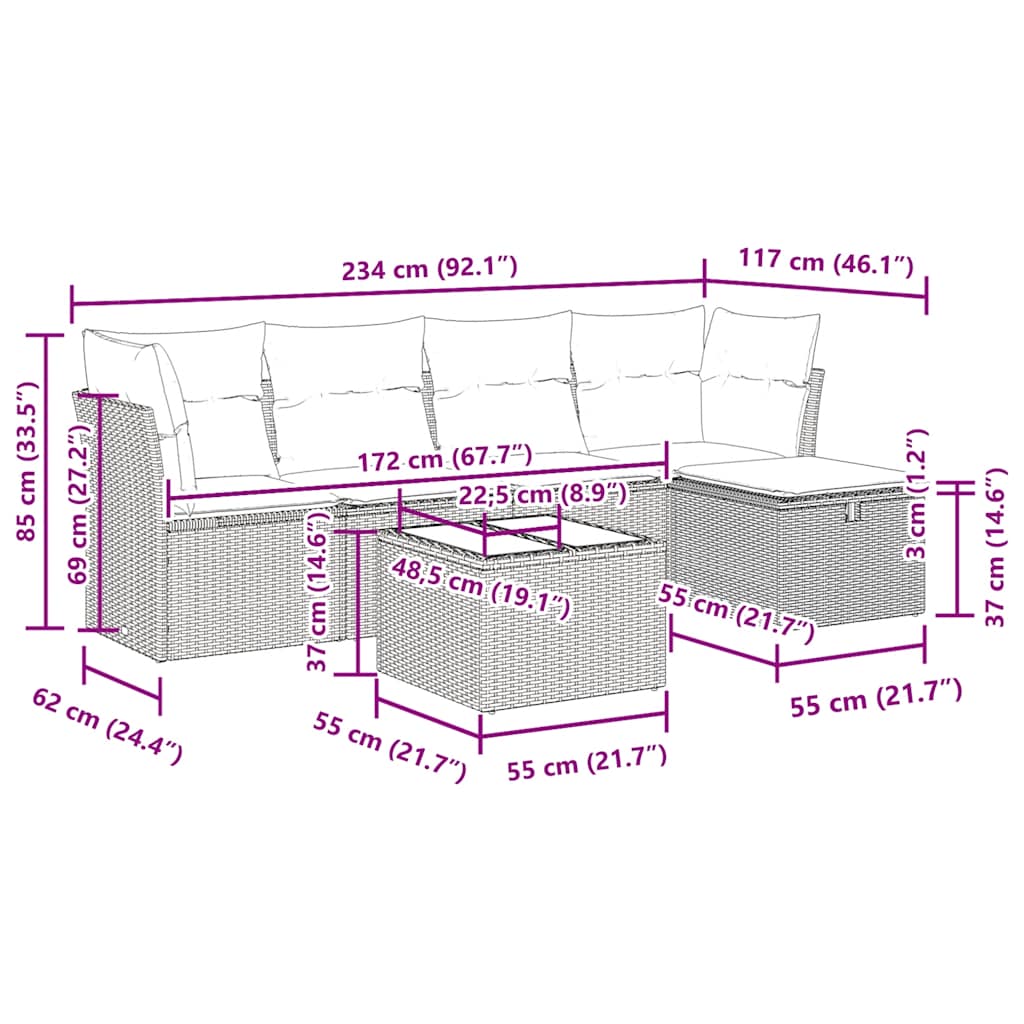 Set Divano da Giardino 6 pz con Cuscini Marrone in Polyrattan
