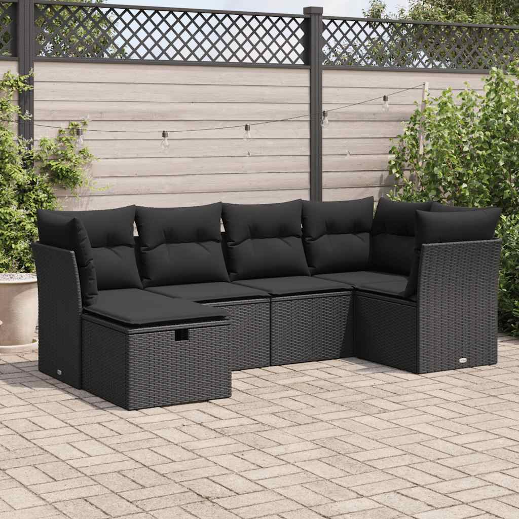 Set Divano da Giardino 6 pz con Cuscini Nero in Polyrattan