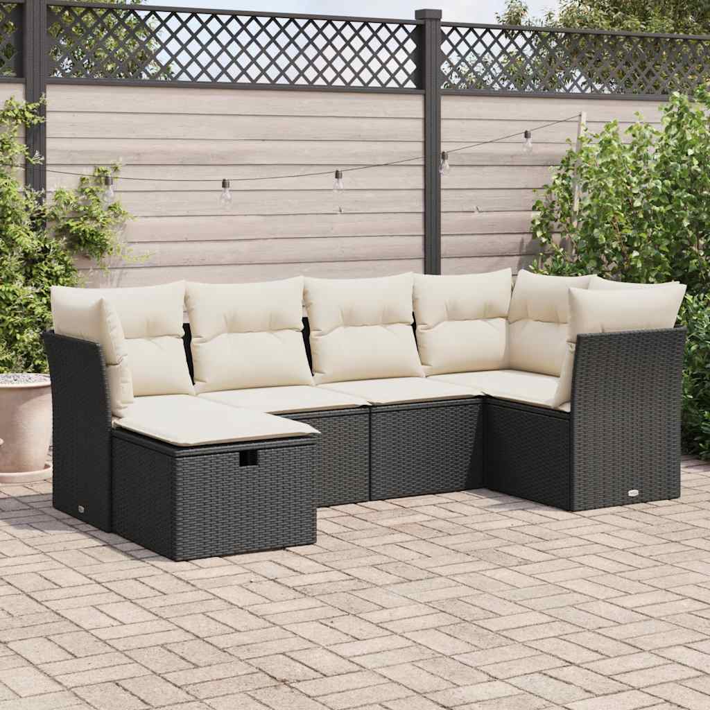 Set Divano da Giardino 6 pz con Cuscini Nero in Polyrattan