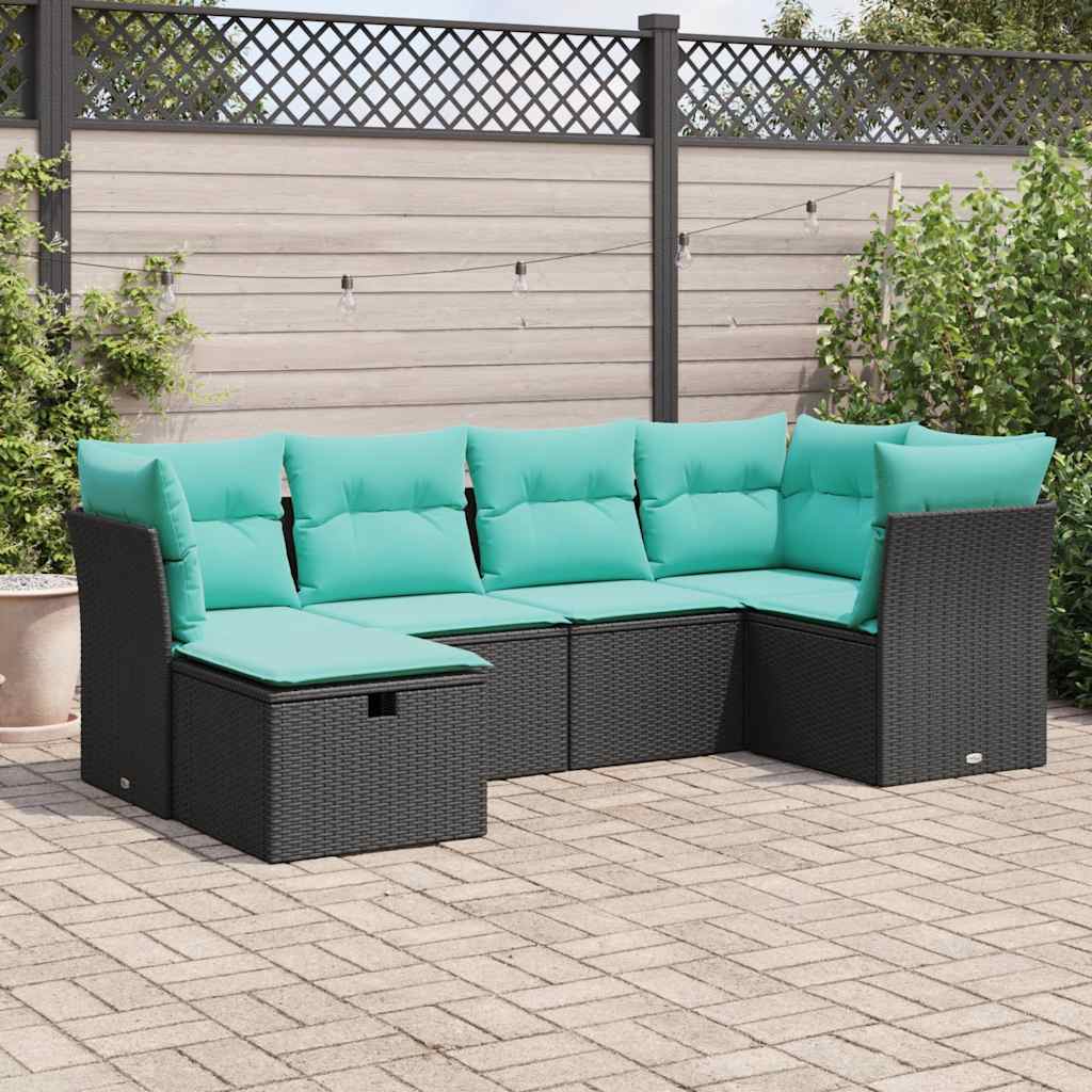 Set Divano da Giardino 6 pz con Cuscini Nero in Polyrattan