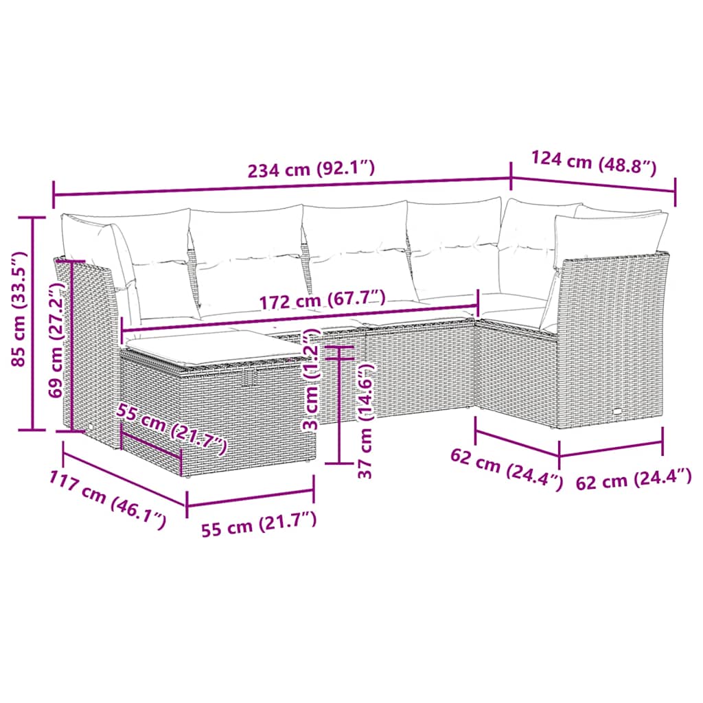 Set Divano da Giardino 6 pz con Cuscini Nero in Polyrattan