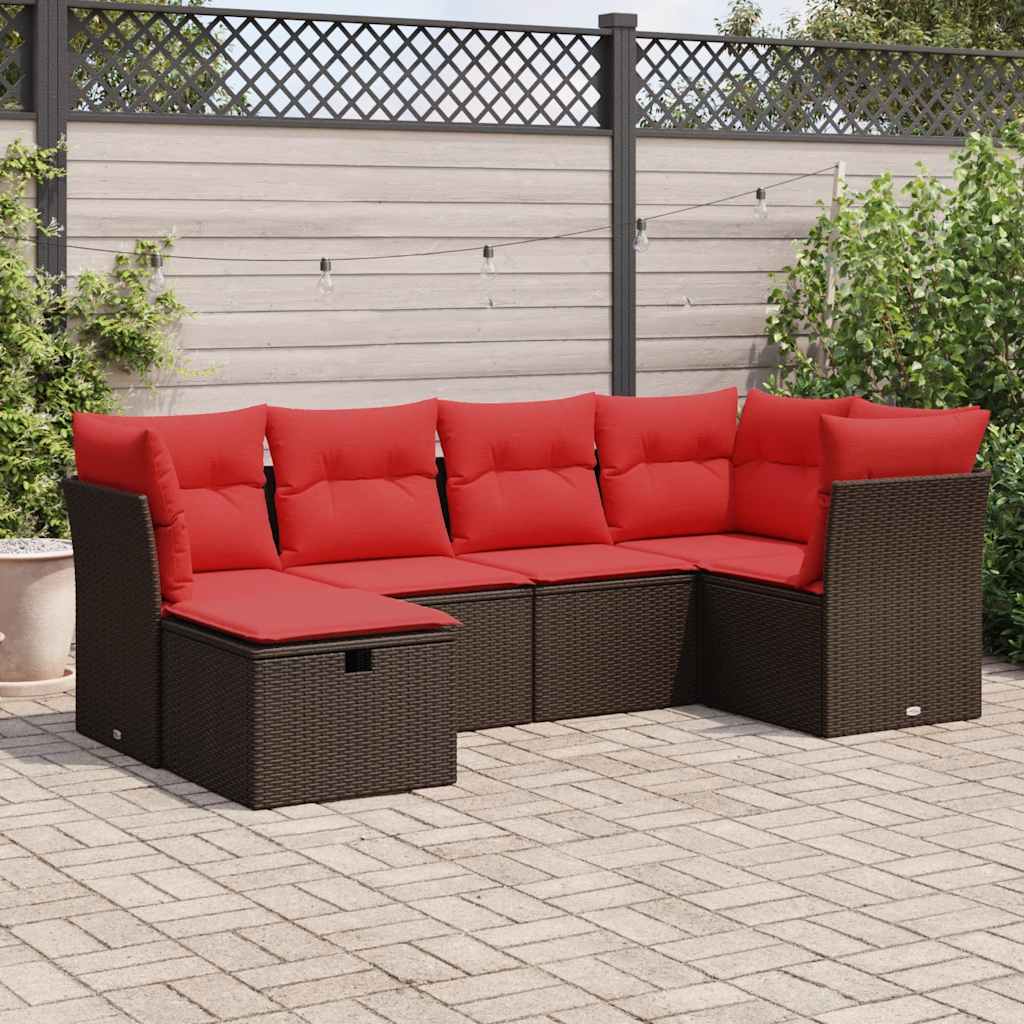 Set Divano da Giardino 6 pz con Cuscini Marrone in Polyrattan
