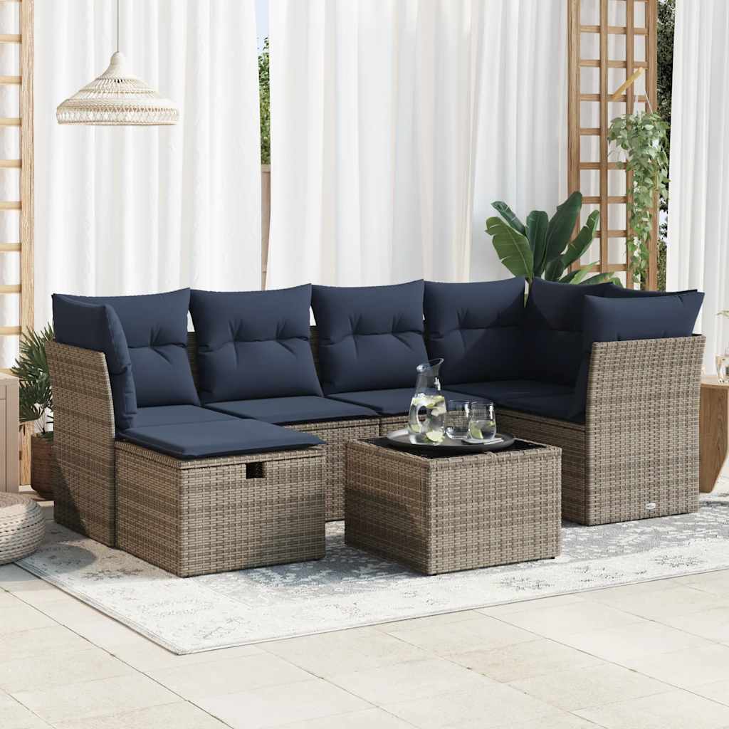 Set Divani da Giardino 7 pz con Cuscini Grigio in Polyrattan