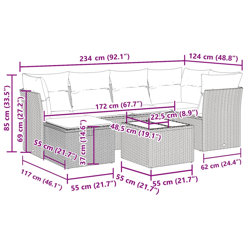 Set Divani da Giardino 7 pz con Cuscini Grigio in Polyrattan