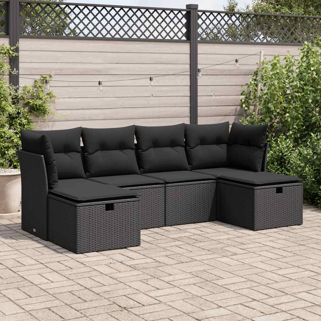 Set Divano da Giardino 6 pz con Cuscini Nero in Polyrattan