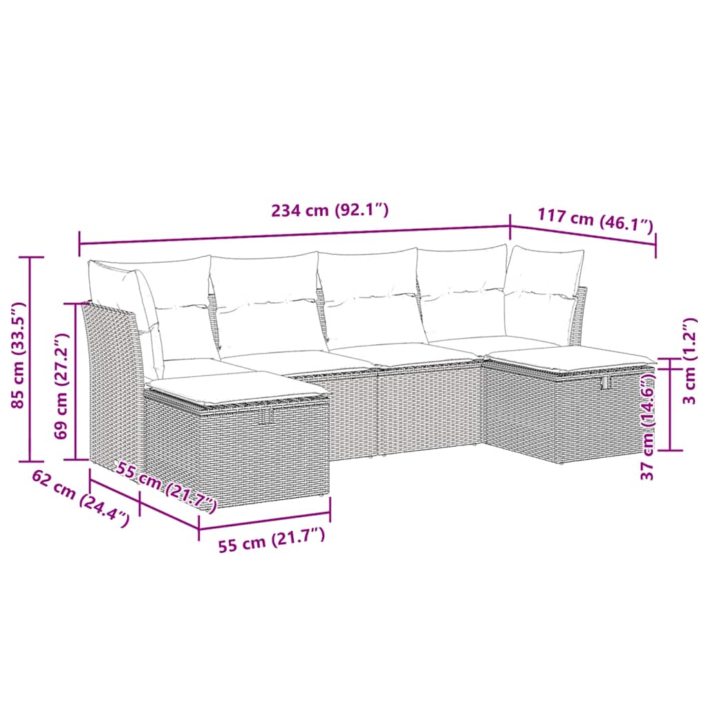 Set Divano da Giardino 6 pz con Cuscini Nero in Polyrattan
